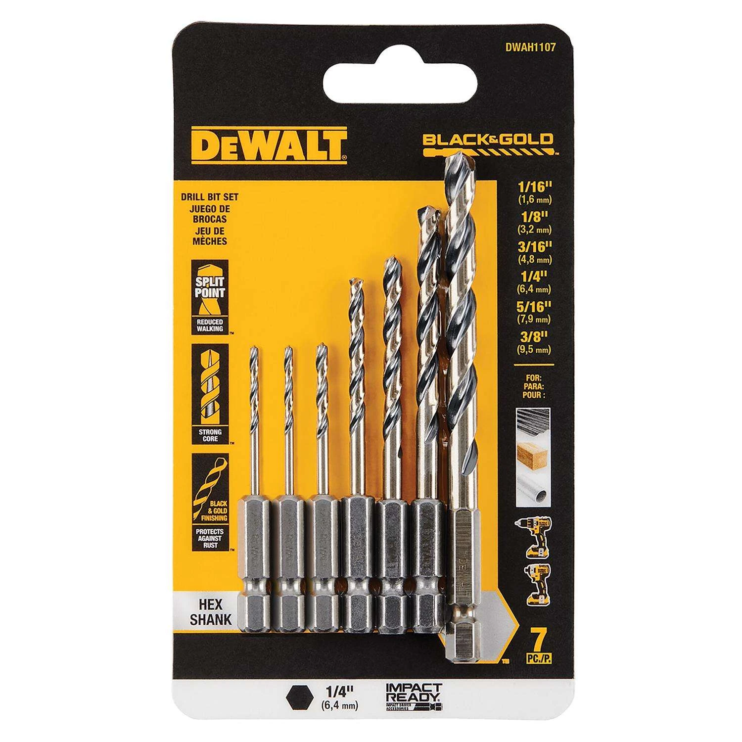 DeWalt Black & Gold High Speed Steel Impact Ready Drill Bit Set Hex Shank 7 Pc 1 DeWalt Black & Gold High Speed Steel Impact Ready Drill Bit Set Hex Shank 7 Pc